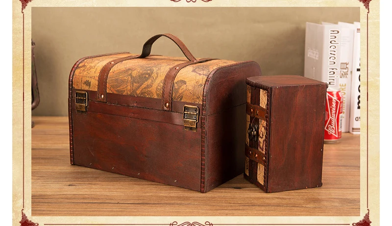 Антикварная карта Ретро деревянная Коробка сундук с замком коробка для хранения сокровища винтажная европейская деревянная Коробка органайзер для ювелирных изделий