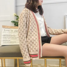 Женский свитер, v-образный вырез, длинный рукав, женский полосатый кардиган, на пуговицах, Повседневный, плоский, вязаный