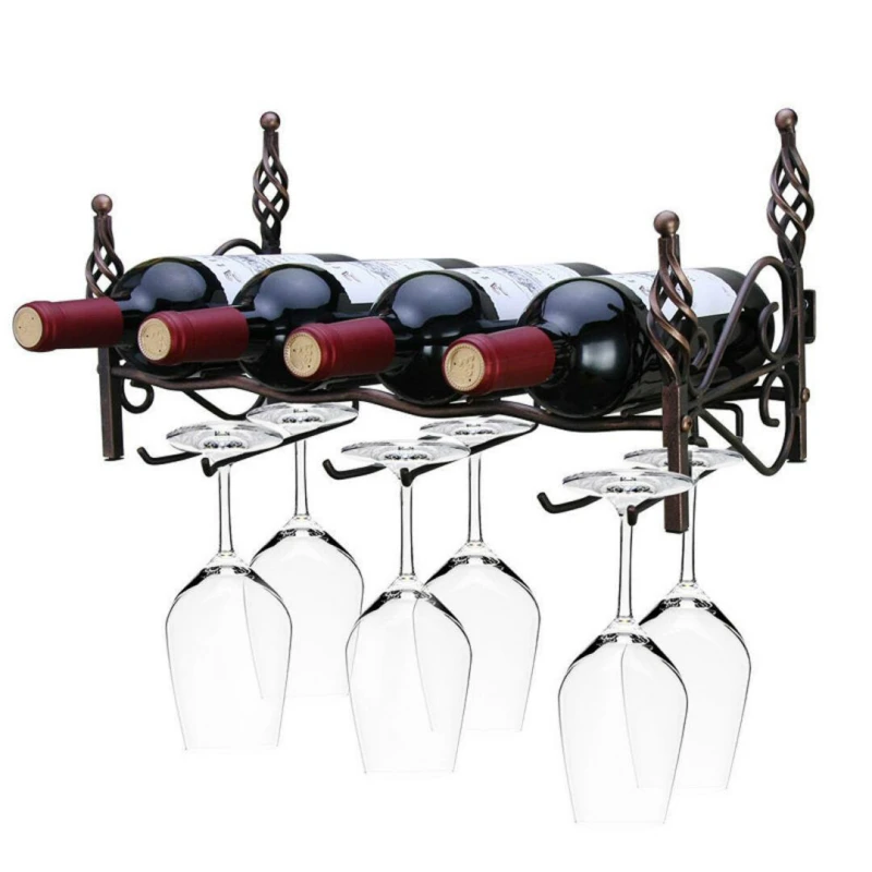 4 Bottles Bronze Wall Mount Hook Stemware Wine Rack Storage Shelf For