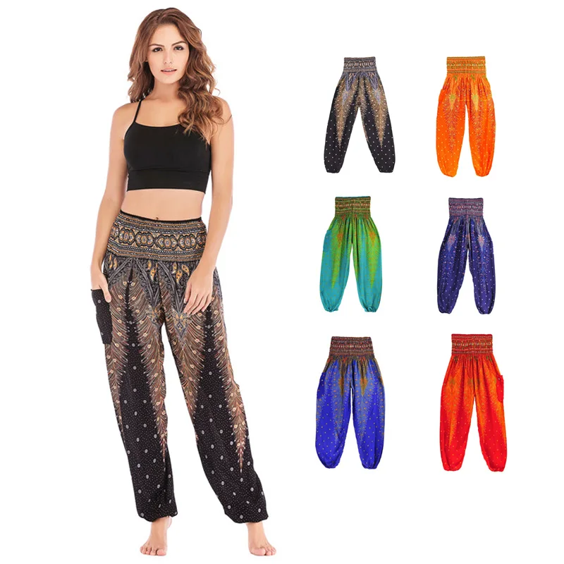 

Women Casual Thai Harem Pants Baggy Boho Loose Printed Summer Beach Workout Pants Female Wide Leg High Waist Lantern Trousers