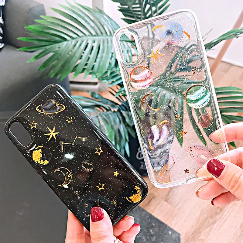 Блестящие чехлы для телефонов с космическими планетами iphone X XS XR Max 7 6 6S 6Plus 8 8Plus