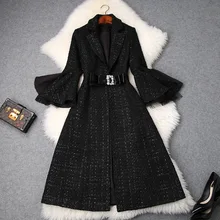 Женское черное твидовое пальто в готическом стиле с расклешенными рукавами, украшенное бриллиантами, с бантом на талии, трапециевидная юбка, пальто, новинка, Осень-зима