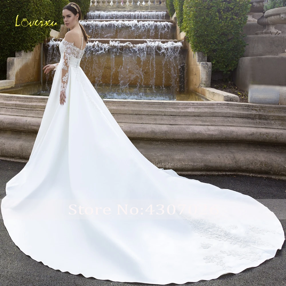 Loverxu Illusion Scoop Mermaid Wedding Dress Appliques Long Sleeve Bride Dresses Chapel Detachable Train Satin Bridal Gowns