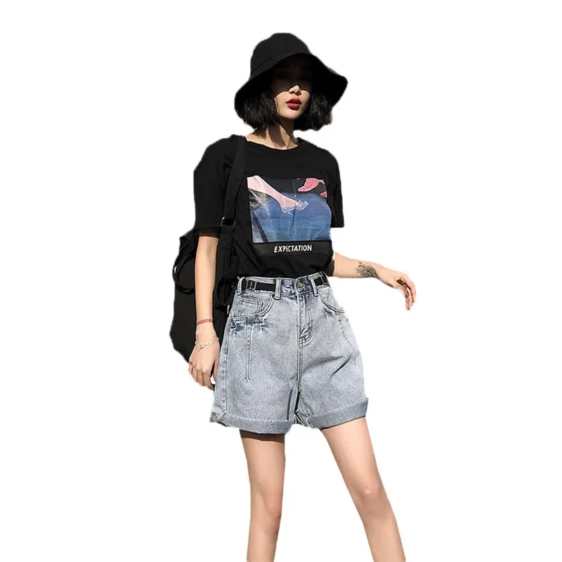 

2019 Summer New High Waist Denim Shorts Female Loose Thin Elastic Waist Multi-Function Curling Wide Leg Shorts Women Hot YH113