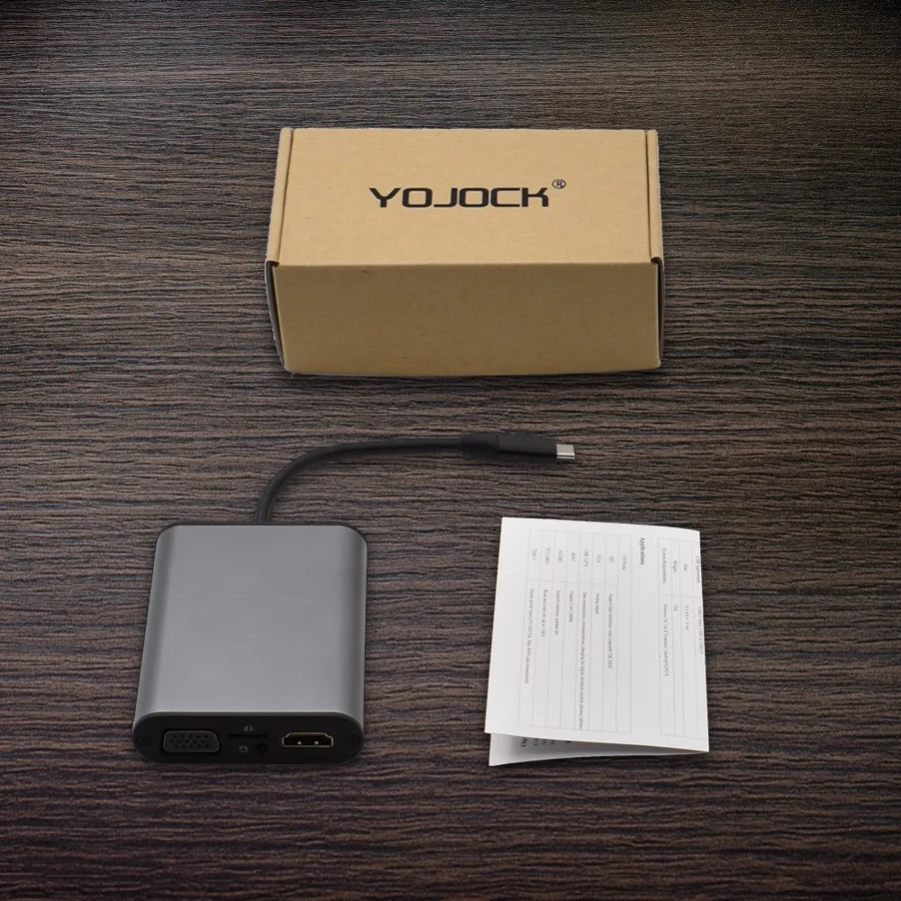 YOJOCK USB-C концентратор адаптер с HDMI 4K 30 Гц, VGA, аудио разъем, Ethernet RJ45, USB 3,0, слот для карт TF, type-C PD порт для Macbook Pro