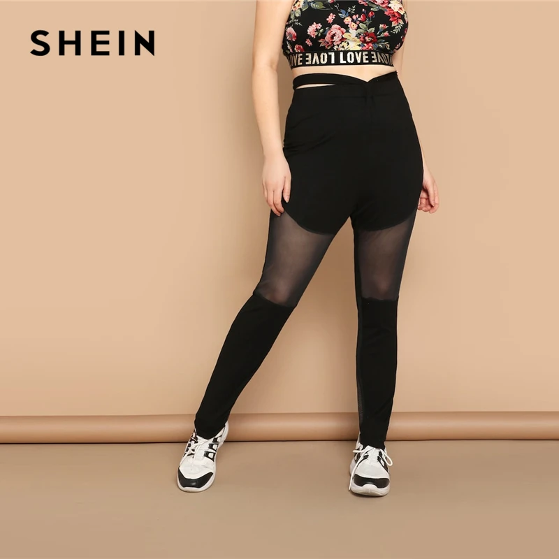 SHEIN Slayr Plus Size Women's Knitted Rhinestone & Mesh Patchwork Leggings  For Layering
