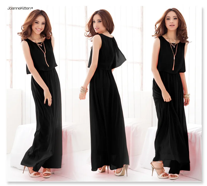 

Exclusive! Plus Size 5XL! Black New Women Quality Pleated Wave Princess Bohemia Maxi Long Chiffon Dress 30-7A