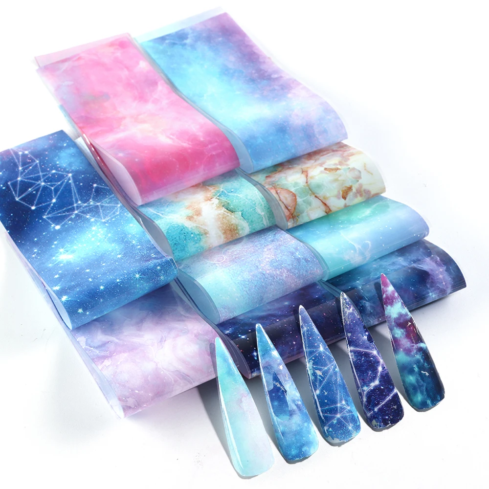 

10 Designs Starry Sky Foil For Nails Gradient Marble Sliders Nail Art Transfer Foil Decal Bloom Gel Full Wrap Decorations LA1022