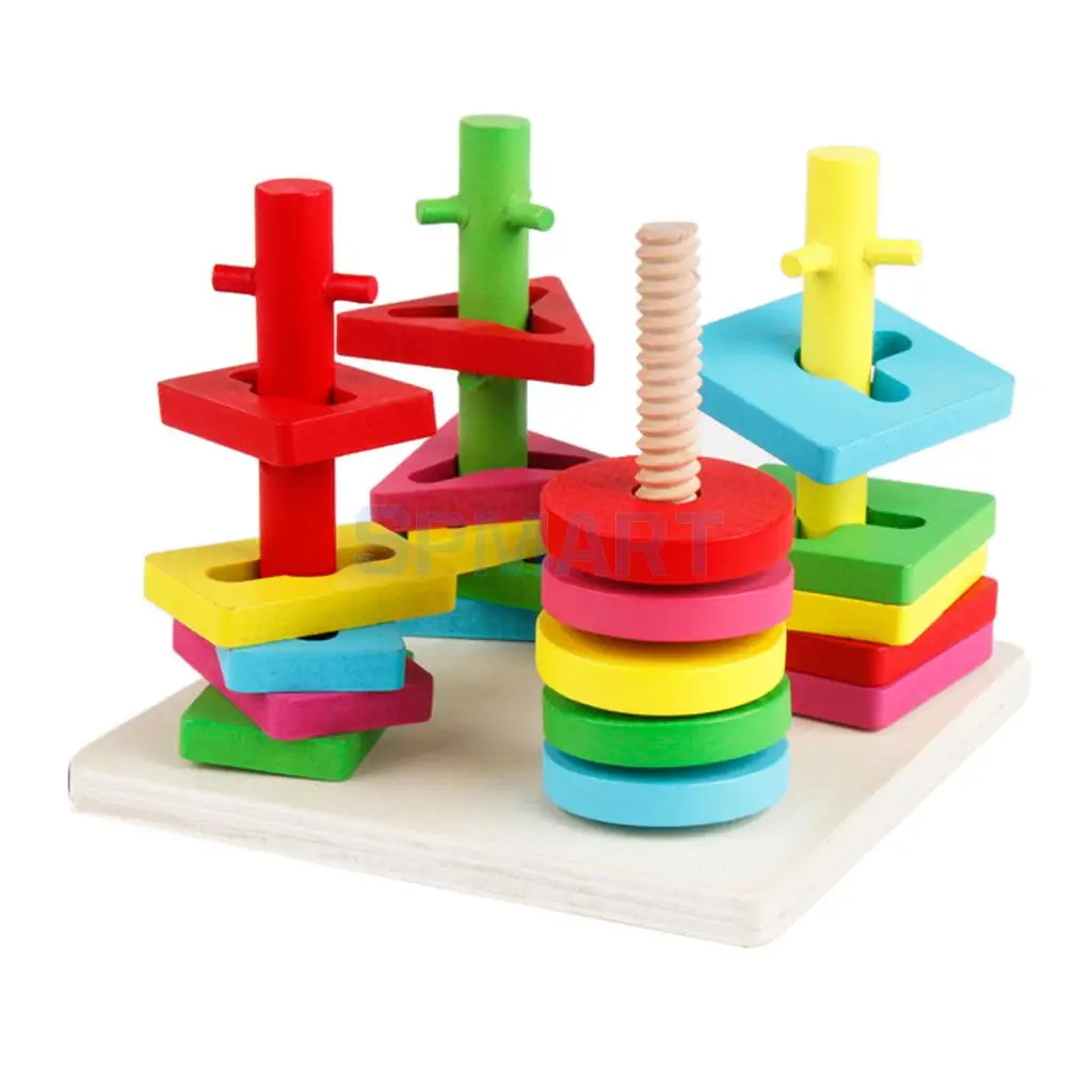 Wooden Geometric Stacking Shape Matching Toys with 4 Pillars for Baby kidsin Blocks from Toys