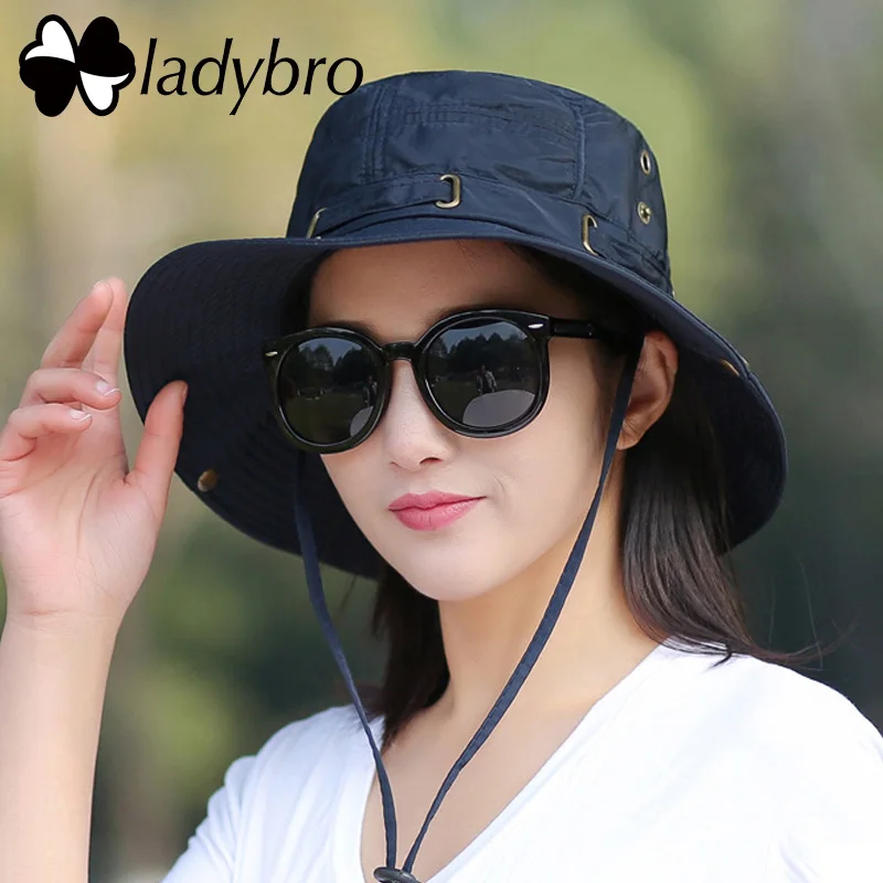 Ladybro Для женщин ведро шляпа летом широкими полями шляпа от солнца Для мужчин Рыбалка Hat дышащий УФ-защита Женский Мужской Открытый Шапки для для мужчин - Цвет: 001 navy