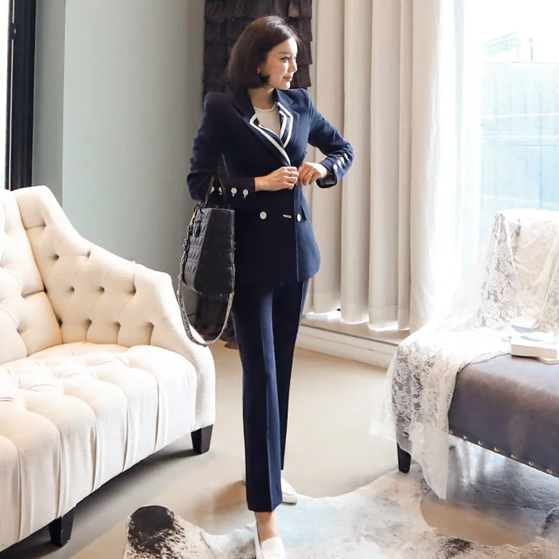 Vintage double-breasted two-piece Set Women Pant Suit Notched  Female Blazer Jacket Pant 2019 Office  Sexy Women Cotton Suits