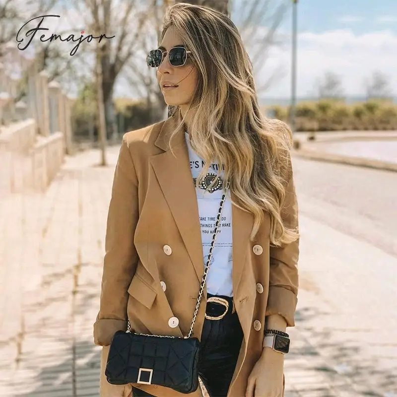 

Femajor Women Blazer Fashion Khaki Double Breasted Blazer Autumn Winter High Street Long Sleeves Slim Outwear Office Lady Jacket
