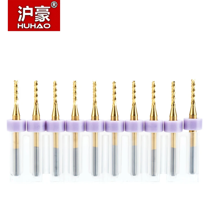 

HUHAO 10/lotpcs 3.175mm TiN Coating Corn end mill Cutter PCB milling bits for PVC PCB CNC router bits 0.6mm to 2.4mm end mill