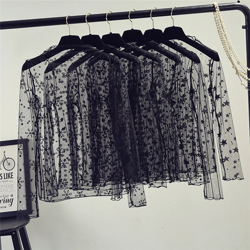 

spring Summer Women Lace Blouses Shirt Women tops Sexy mesh Blouses See-through Long Sleeve Black Dot Star Striped Shirt Blouse