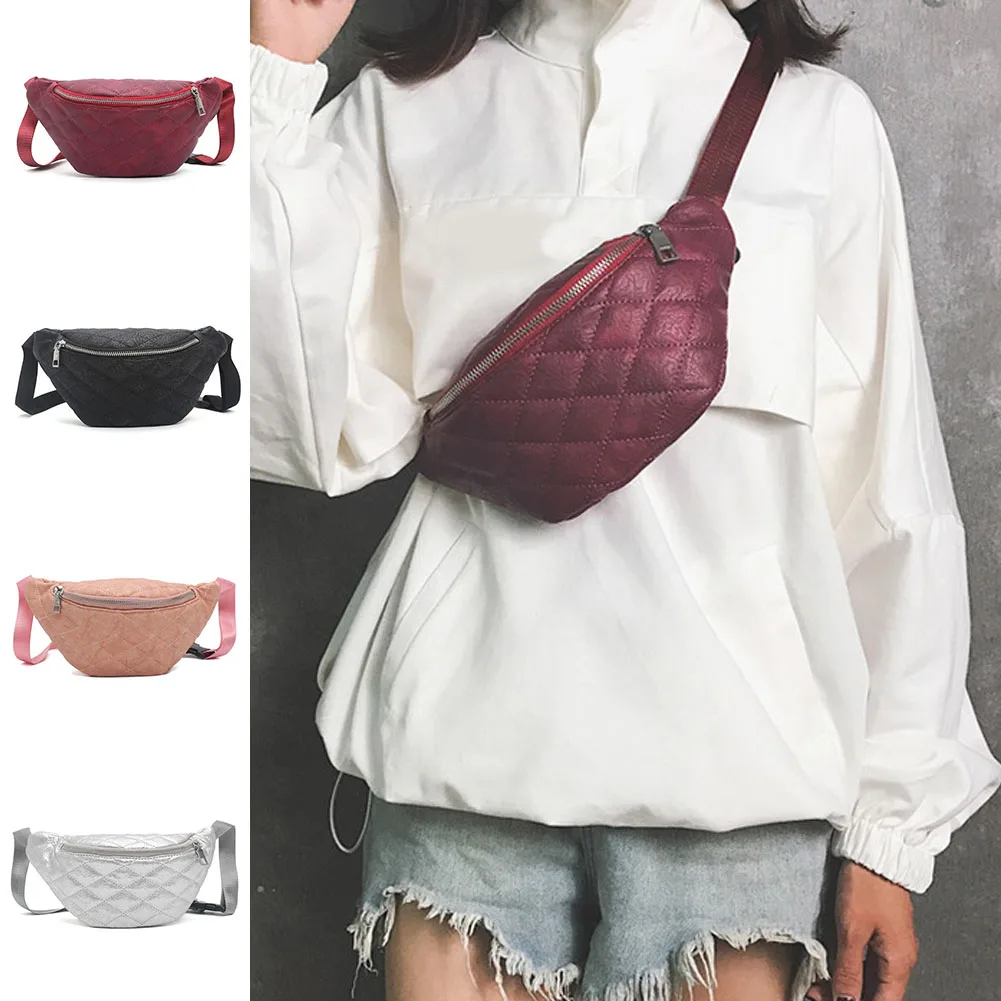 

2018 Lattice PU leather Fanny pack For women Zipper Waist Bag Solid Chest bag Female Silver red White Black Pink Belt bag