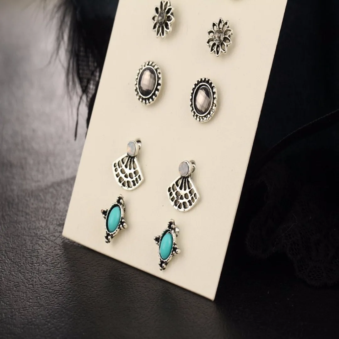 6pairs/ set Vintage Crystal Heart Earrings For Women Stone Beads Ear Cuff Piercing Ears Clips Steampunk Love Party Earring Sets