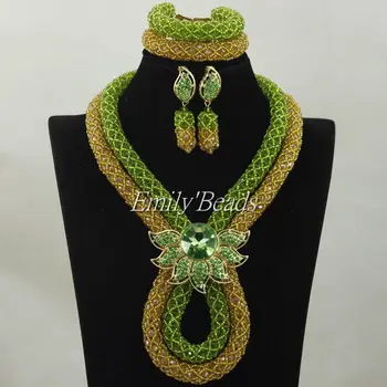 

Fashion Green Necklaces Bracelet Earrings Set Nigerian African Wedding Beads Jewelry Set Crystal Beads Set Free Shipping ALJ360