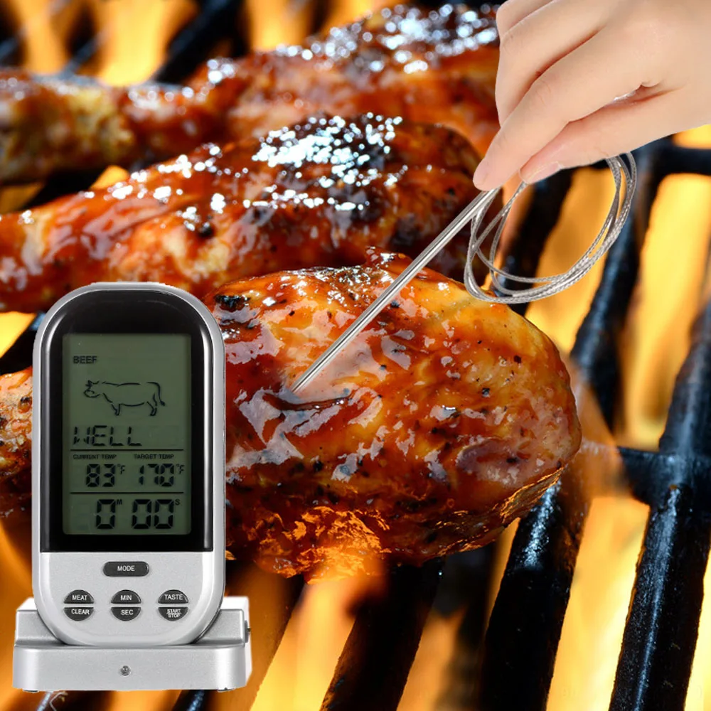 LCD Wireless Barbecue Timer Food Cooking Thermometer Digital Probe Meat