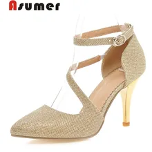 ASUMER большой размер 32-43 тонкие каблуки острым носом босоножки женщины насосы мода пряжки высокий каблук пу партия обуви золото серебро леди обуви