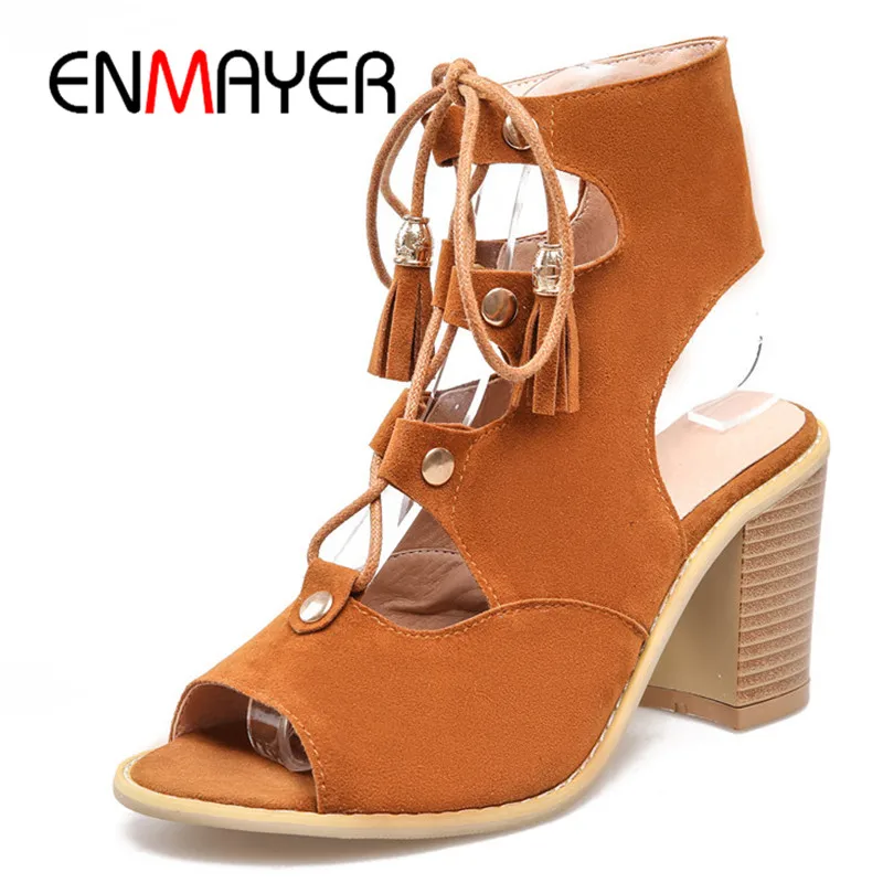 

ENMAYER 2018 New style summer women gladiator lace-up high heels lady fashion square heel sandals ZYL287