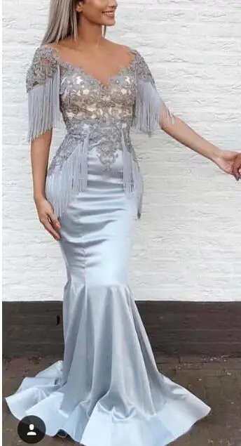 

Silver Special Occasion Dress Evening Party Gowns Mermaid 2019 Prom Dress Deep V Neck Tassel Formal Dresses vestidos de fiesta