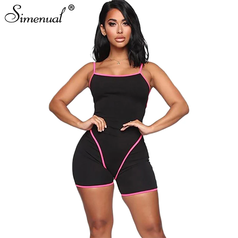 Simenual Pink Striped Workout Biker Playsuits Women Backless Sleeveless Bodysuit Fitness Sporty Active Wear Strap Neon Play Suit Simenual Pink Striped Workout Biker Playsuits Women Backless Sleeveless Bodysuit Fitness Sporty Active Wear Strap Neon Play Suit