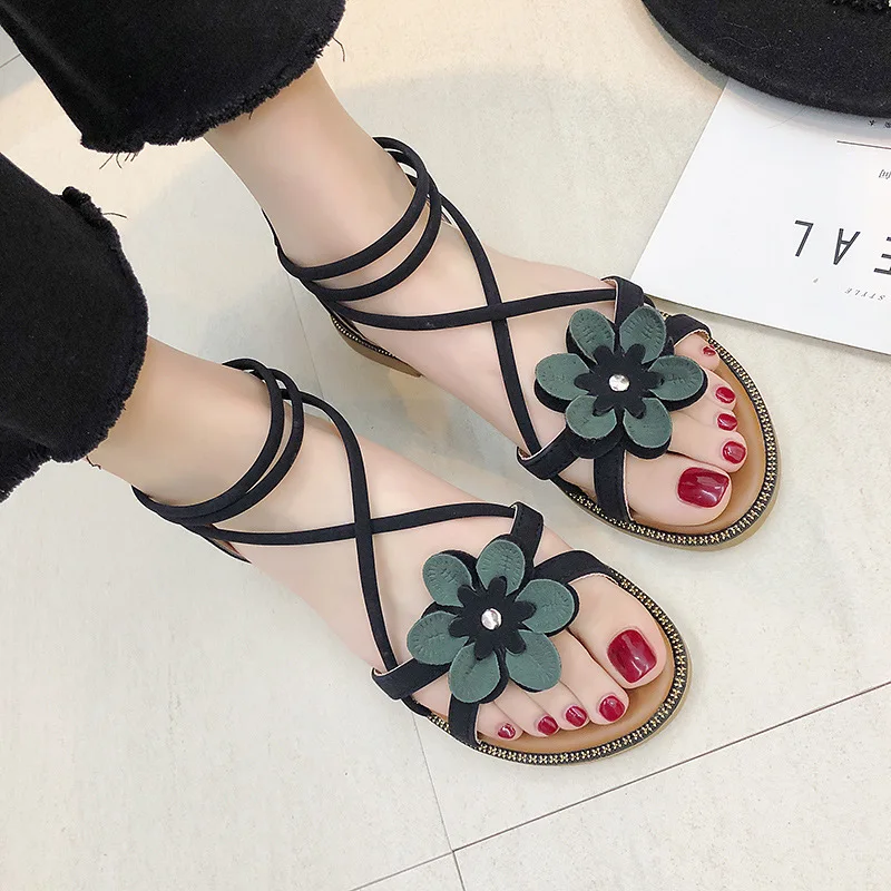 

Roman Sandals Woman Fashion Flat Shoes 2019 Summer New Women Rear Zipper Flower Size 35-40 Beach Sandalias Mujer