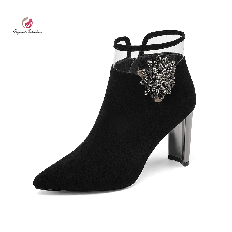 

Original Intention Stylish Women's Ankle Boots Geniue Leather Block Heels Boots High Heels Black Botas Mujer Dress Shoes Winter