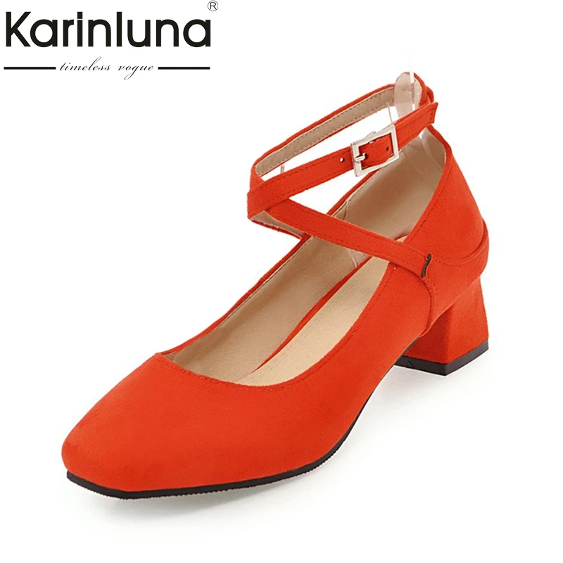 

KarinLuna Fashion 2018 Large Size 32-46 Super Square Heels Buckle Strap Woman Pumps Square Toe Black Women Shoes Woman