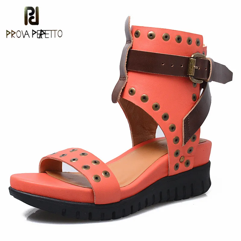 

Prova perfetto Top Quality Hand-Made 100% Cow Leather Wedges Sandals Rivets Metal Ankle Buckle Platform Wedges Heels Sandals