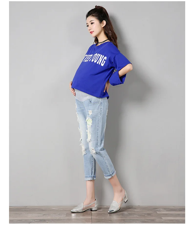 Дырки ковбой поддержки живота девять частей брюки код беременных женщин Брюки Летний продукт корейская мода для беременных платье