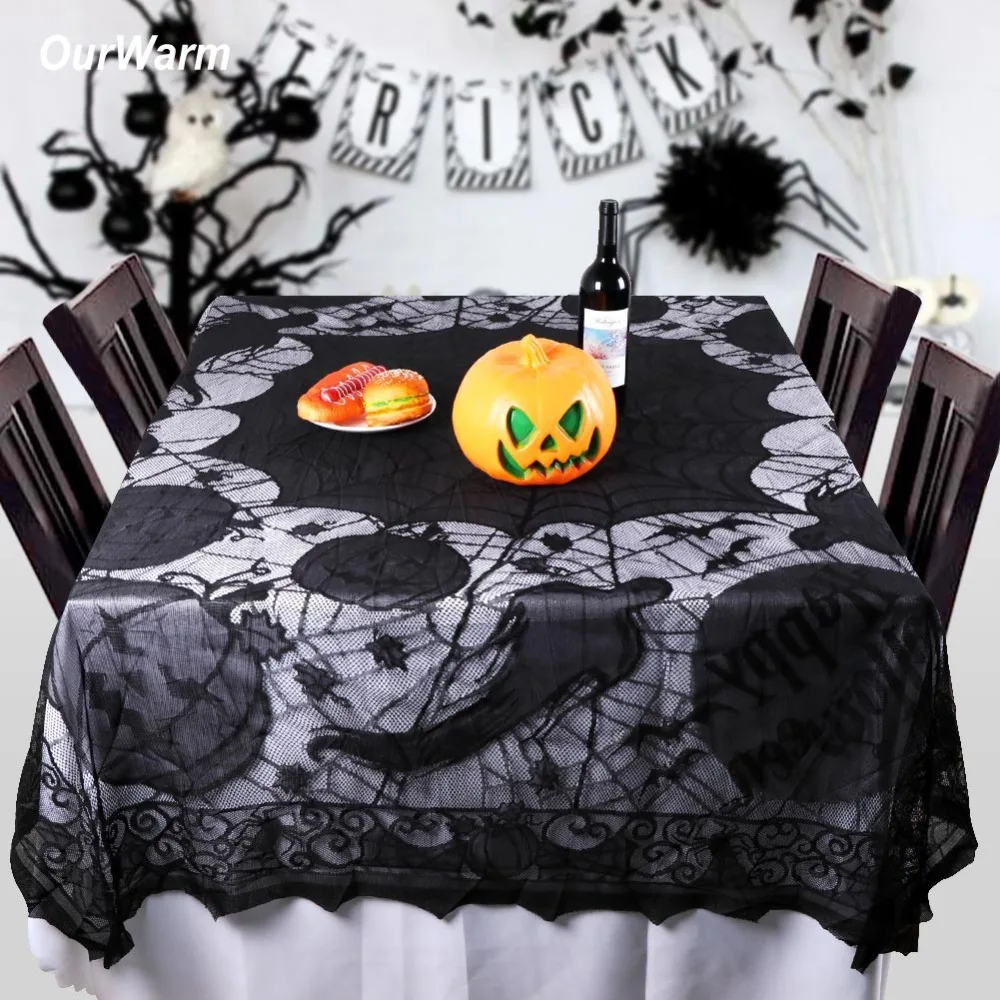 OurWarm 60x80inch Spiderweb Pattern Decorative Table Cloth Halloween Party Supplies Black Lace