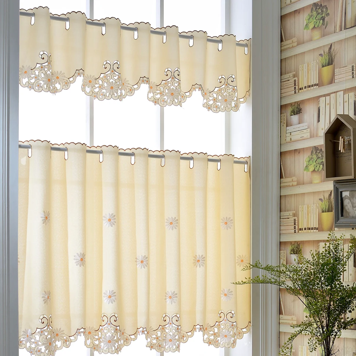 

Korean Pastoral Short Curtain for Cafe Faux Linen Embroidery Curtain with Daisy Floral Pattern for Kitchen or Partition Deco 1PC