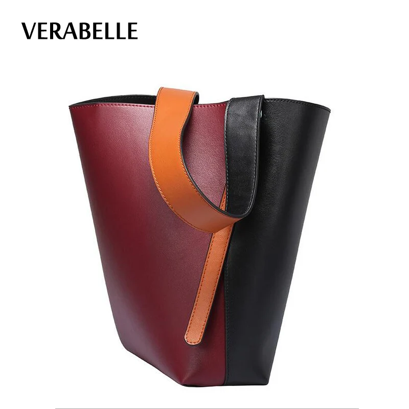 

VERABELLE 2018 hot sales split leather handbag casual women shoulder bags penelled olive Wine Red handbags female Bucket bag set