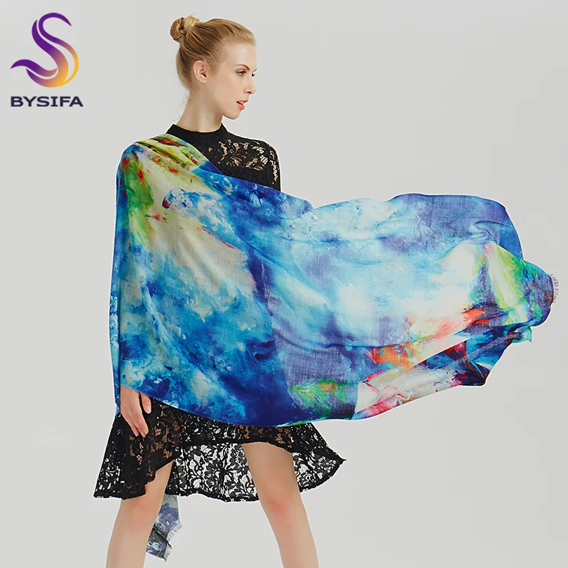 

[BYSIFA] Winter Ladies Blue Wool Cashmere Scarves Pashmina Fashion Top Grade 100% Wool Women Long Scarf Shawl Warm Neck Scarves