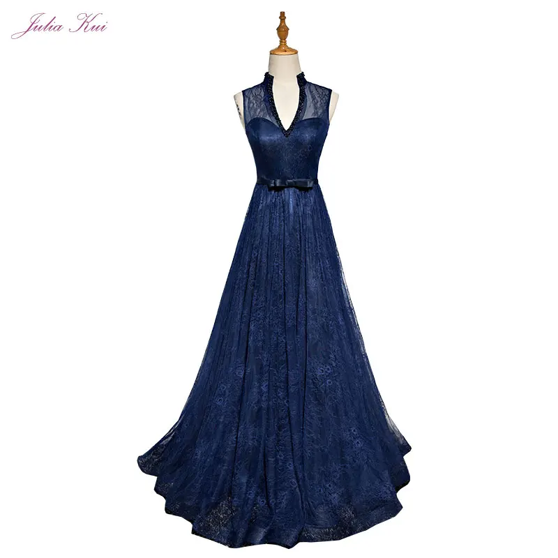 

Julia Kui Sleeveless V-Neck Bridesmaid dresses Beading Crystals Backless Elegant Lace Long Formal Dresses robe de soiree