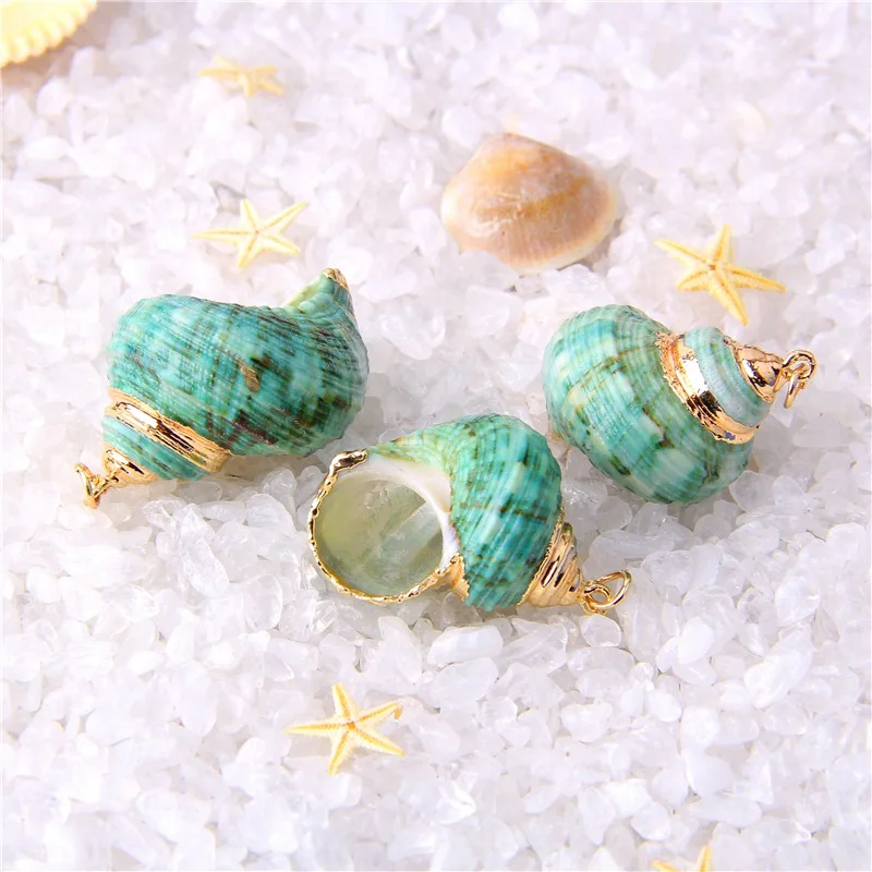 

3 Pieces Lovely Natural Shell Pendants Gold Electroplating Cowrie Tiny Blue Conch Golden Mental Connector Charm For DIY Jewelry