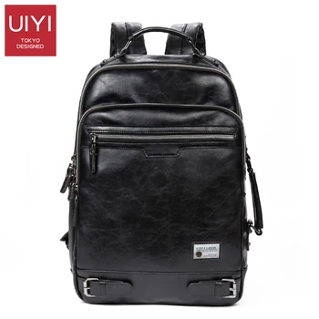 

UIYI Men's New Black shoulder backpack PU Leather soft Male Backpack Leisure Men Zipper 14-inch Laptop Bags Multi-pocket