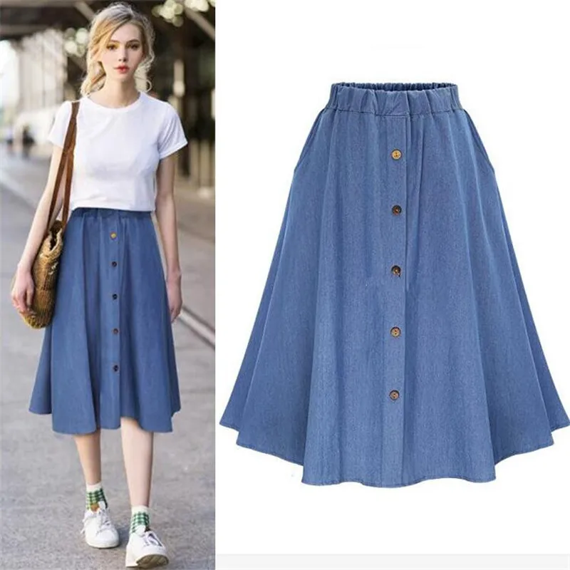 

Fall Summer 2019 Thin Single Breast Button Elastic Waist Denim Skirts A-Line Korean Long Jeans Skirt Summer Sexy Skirt Women