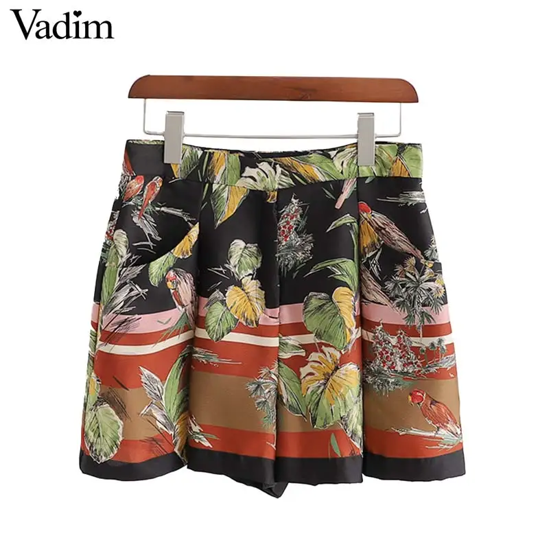 

Vadim women vintage leaves print shorts pleated pockets zipper fly design female chic shorts pantalones cortos SA096