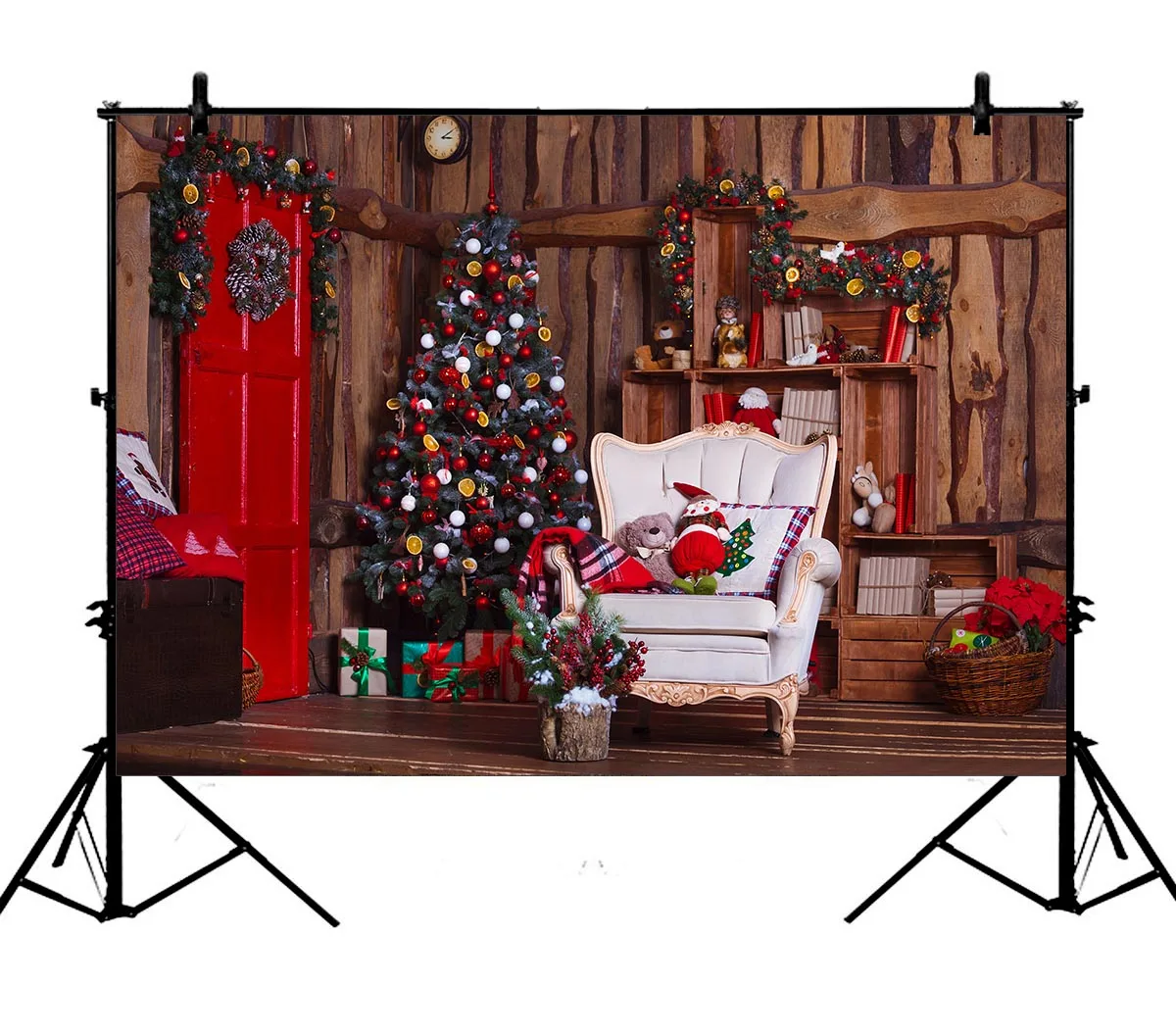 

5x7ft Christmas Wooden House Tree Gift Box Garland Polyester Photo Background Portrait Backdrop