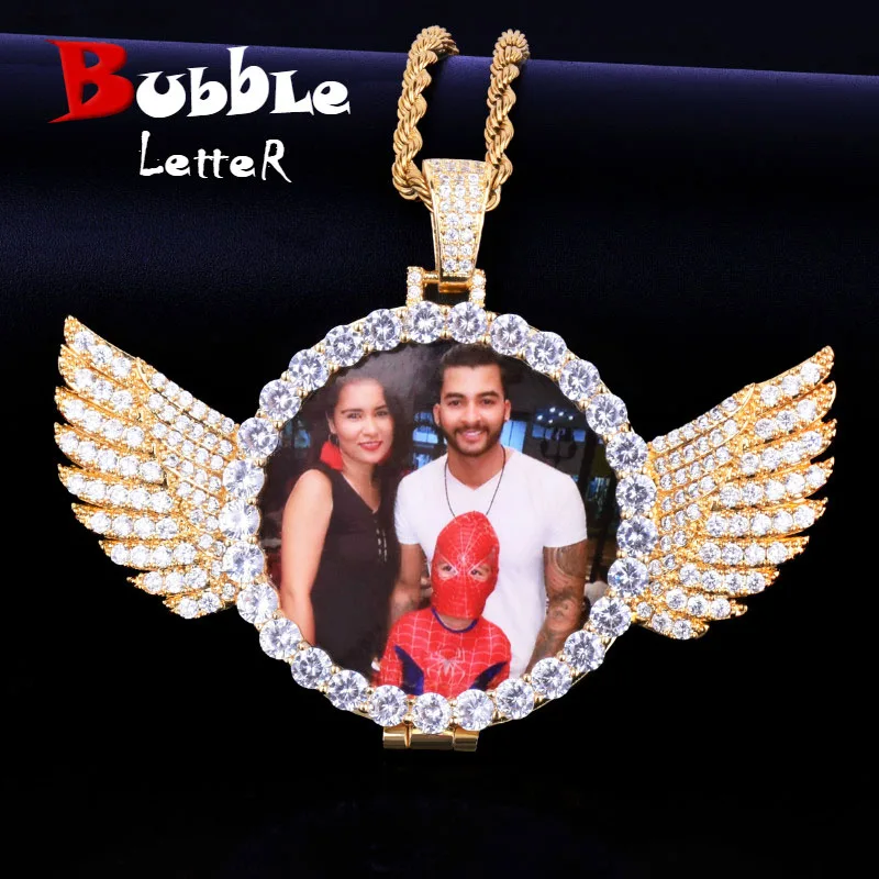

Gold Custom Made Photo With wings Medallions Necklace & Pendant 4mm Tennis Chain Cubic Zircon Men's Hip hop Jewelry 7.5x5.5cm