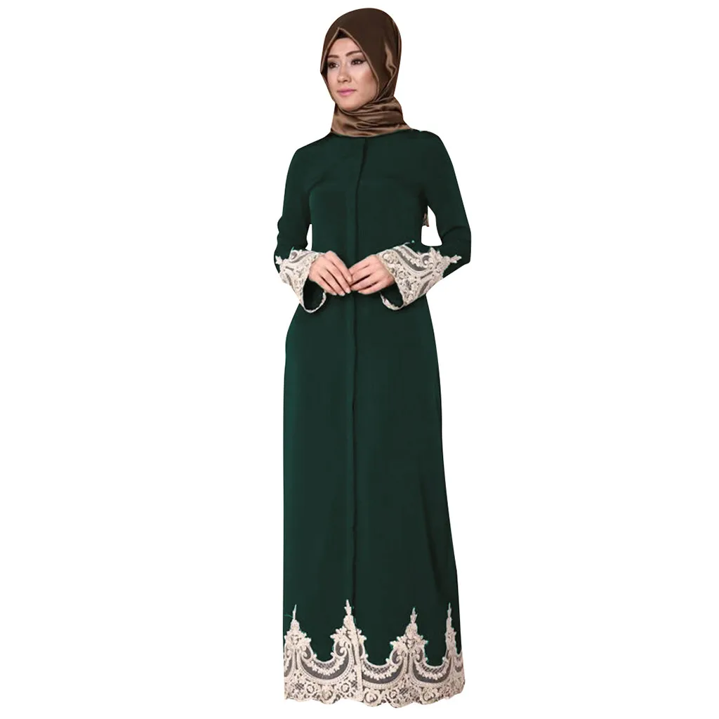 

KLV Muslim Women Spring Summer New Lady Middle Eastern Turkish Fashion Full Buckle Muslim Lace Robes Muslim Long Muslim Clothes