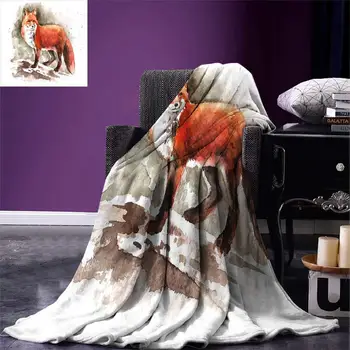 

Fox Throw Blanket Watercolor Hand Drawn Red Fox with Bushy Tail Brushstrokes Tod Mammal Warm Microfiber