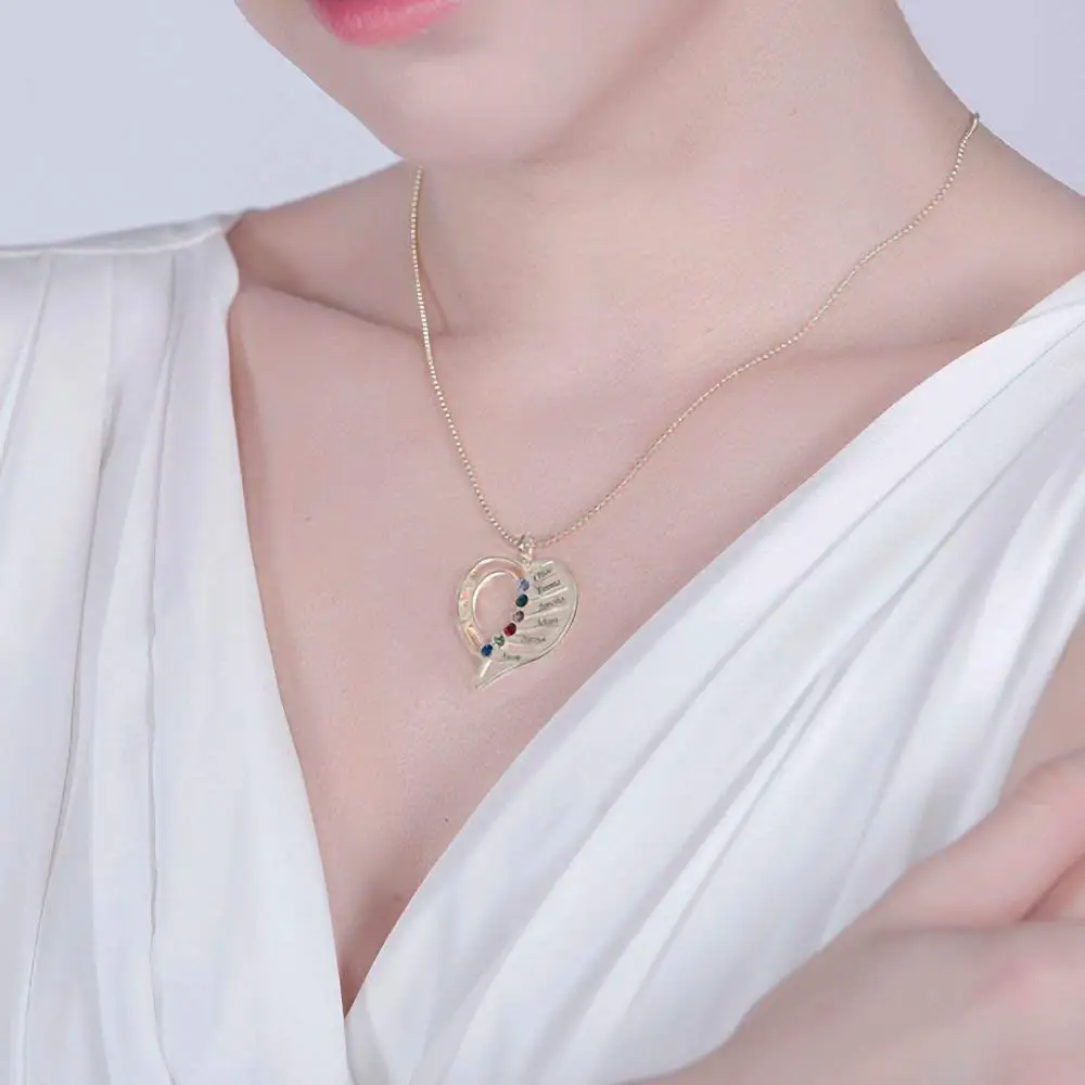 

XiaoJing 925 Sterling Silver Engraved Heart Birthstones Pendant Necklace Personalized Custom Name for Mother's Day Gift 2019