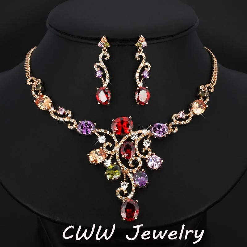 Adjustable Size Elegant Women Costume Accessories Multicolor Crystal Gold Color Jewelry Sets For Dinner Party T166