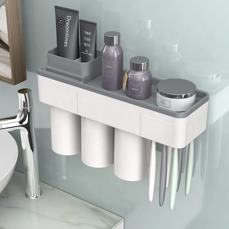 Gray 3 Cups Держатель для зубной щетки аксессуары подставка для зубной пасты Органайзер стекло для зубной щетки es полка Магнитная Адсорбция с чашкой для дома для ванной - Цвет: Gray 3 Cups