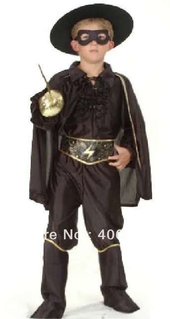 

Free shipping,halloween party dress up costume children black Zorro costumes with cape mask belt boot