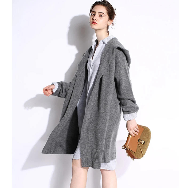HZYRMY 2018 Autumn Winter New Women' Cashmere Cardigan Fashion Soft Pure color High-Quality Coat Loose With cap Long Warm Jacket