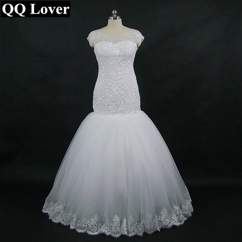 

QQ Lover 2019 New African Full Beading Short Sleeve Mermaid Wedding Dress Bridal Wedding Gown
